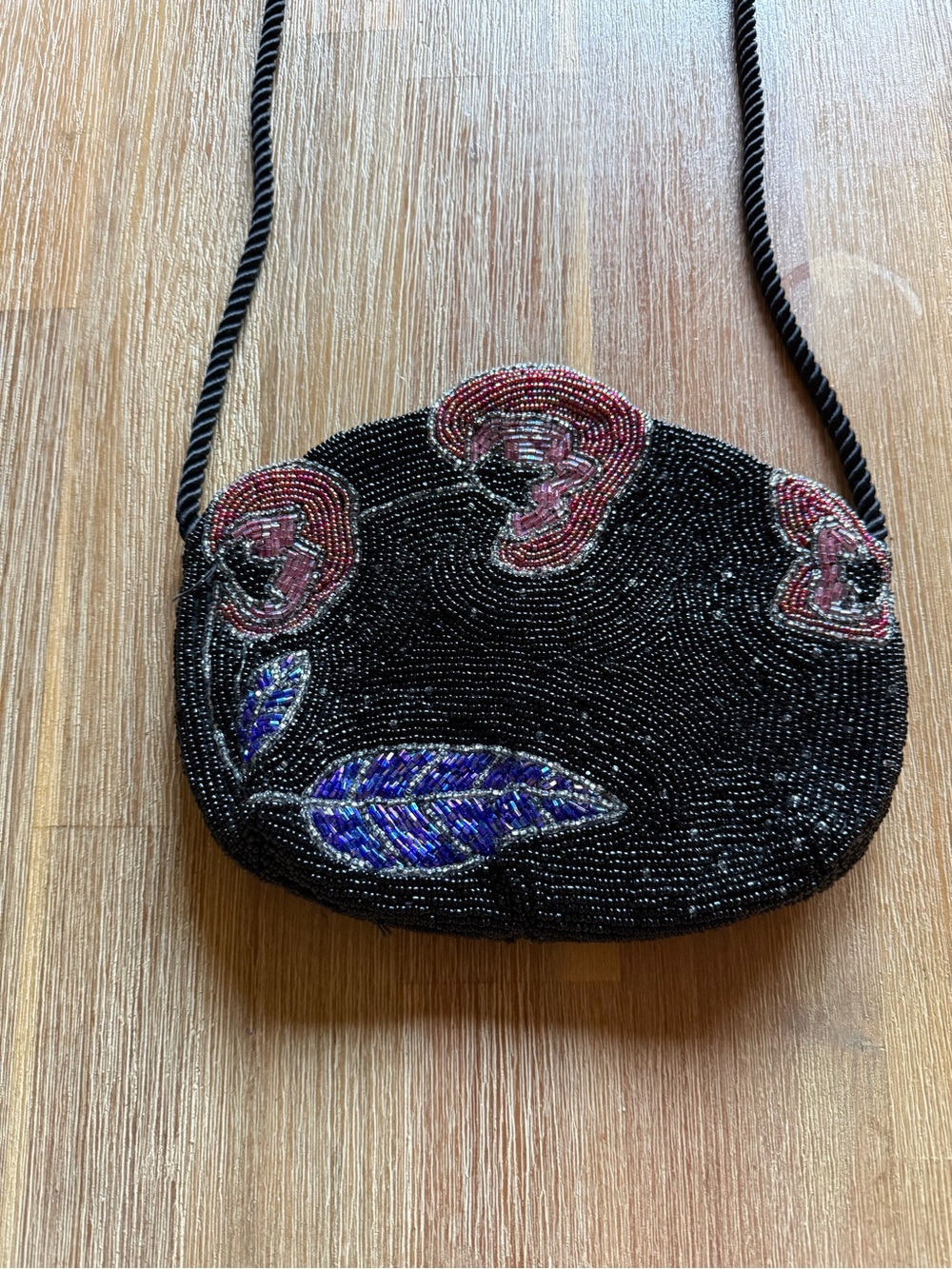 Beaded Black Bag with Iridescent Pink Floral and Blue Leaf Accents